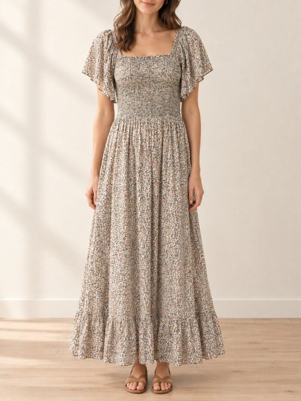 Heyson Ditsy Floral Smocked Bodice Flutter Sleeve Maxi Dress Cottagecore Size: L